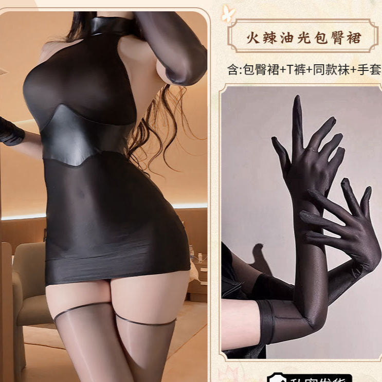 Image of That's right, the night erotic lingerie, sexy patent leather splicing, see-through hip skirt, uniform, secretary suit, tight pajama girl